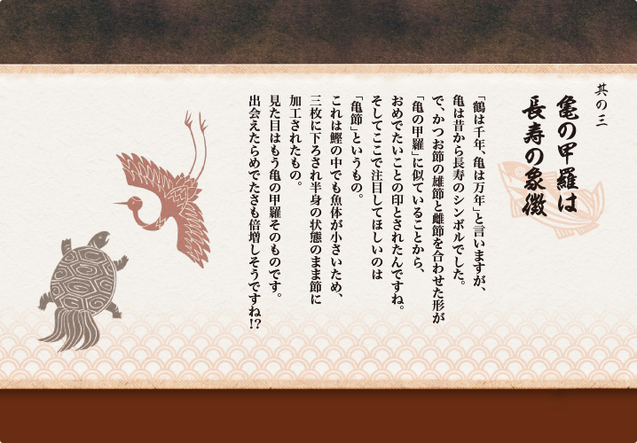 其の三 亀の甲羅は長寿の象徴
「鶴は千年、亀は万年」と言いますが、
亀は昔から長寿のシンボルでした。
で、かつお節の雄節と雌節を合わせた形が
「亀の甲羅」に似ていることから、
おめでたいことの印とされたんですね。
そしてここで注目してほしいのは
「亀節」というもの。
これは鰹の中でも魚体が小さいため、
三枚に下ろされ半身の状態のまま節に
加工されたもの。
見た目はもう亀の甲羅そのものです。
出会えたらめでたさも倍増しそうですね！？