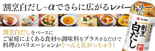 割烹白だし　+αでさらに広がるレパートリー　割烹白だしをベースにご家庭によくある食材や調味料をプラスするだけで料理のバリエーションがぐ～んと広がっちゃう！