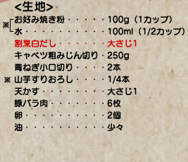 <生地> ※お好み焼き粉 100g（1カップ）、※水 100ml（1/2カップ）、割烹白だし 大さじ1、キャベツ粗みじん切り 250g、青ねぎ小口切り 2本、※山芋すりおろし 1/4本、天かす 大さじ1、豚バラ肉 6枚、卵 2個、油 少々