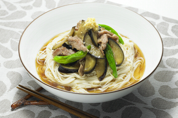 なすと豚肉のしょうがそうめん