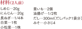 材料（2人前）しめじ…20g にんじん…20g 長ねぎ…1/4本 白菜…1枚 小松菜…1株 里いも…2個 油揚げ…1/2枚 だし…300ml（だしパック1袋分） みそ…小さじ4