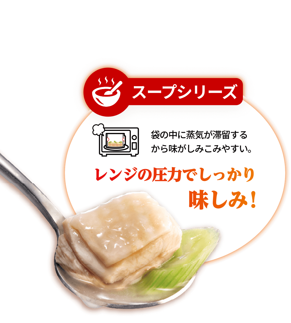 スープシリーズ 袋の中に蒸気が滞留するから味がしみこみやすい。レンジの圧力でしっかり 味しみ!