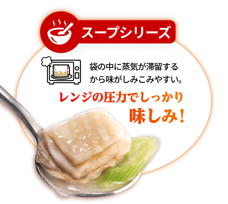 スープシリーズ 袋の中に蒸気が滞留するから味がしみこみやすい。レンジの圧力でしっかり 味しみ!