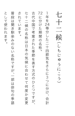 1年を24等分した二十四節気をさらに3つに分け、合計72に分けた期間の名称。古代中国で考案された四季を表す方式のひとつですが、七十二候の名称は日本の気候に合わせて何度か変更されています。普段は聞き馴染みのない名称ですが、一部は俳句の季語として使われています。